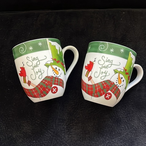 ❄️ 2 Mugs Fitz & Floyd 12oz Coffee Tea Cups Holly Hat Snowman Sing With Joy Mugs - Picture 5 of 8
